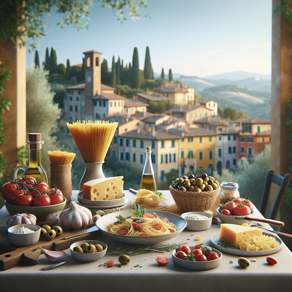 Table set with pasta, cheese, tomatoes, olives, and garlic in an Italian landscape. Table set with pasta, cheese, tomatoes, olives, and garlic in an Italian landscape.