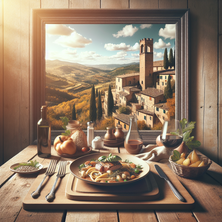 A plate of pasta served on a wooden table with a scenic landscape view in the background.
