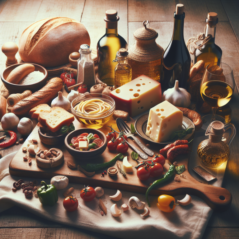 A variety of Italian food ingredients including cheese, pasta, vegetables, and bread arranged on a wooden board.