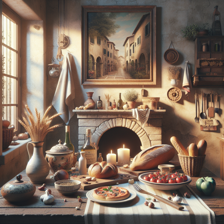 A rustic kitchen scene featuring a variety of food items including bread, tomatoes, and wine bottles.