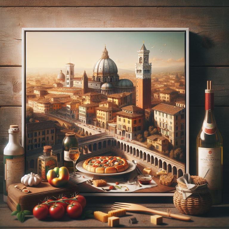 Still life arrangement featuring a pizza, fresh ingredients, and bottles of wine on a wooden table.