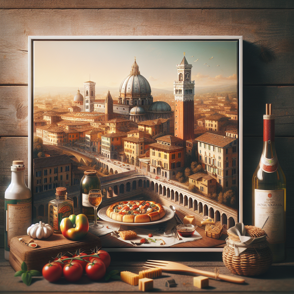 Still life arrangement featuring a pizza, fresh ingredients, and bottles of wine on a wooden table.