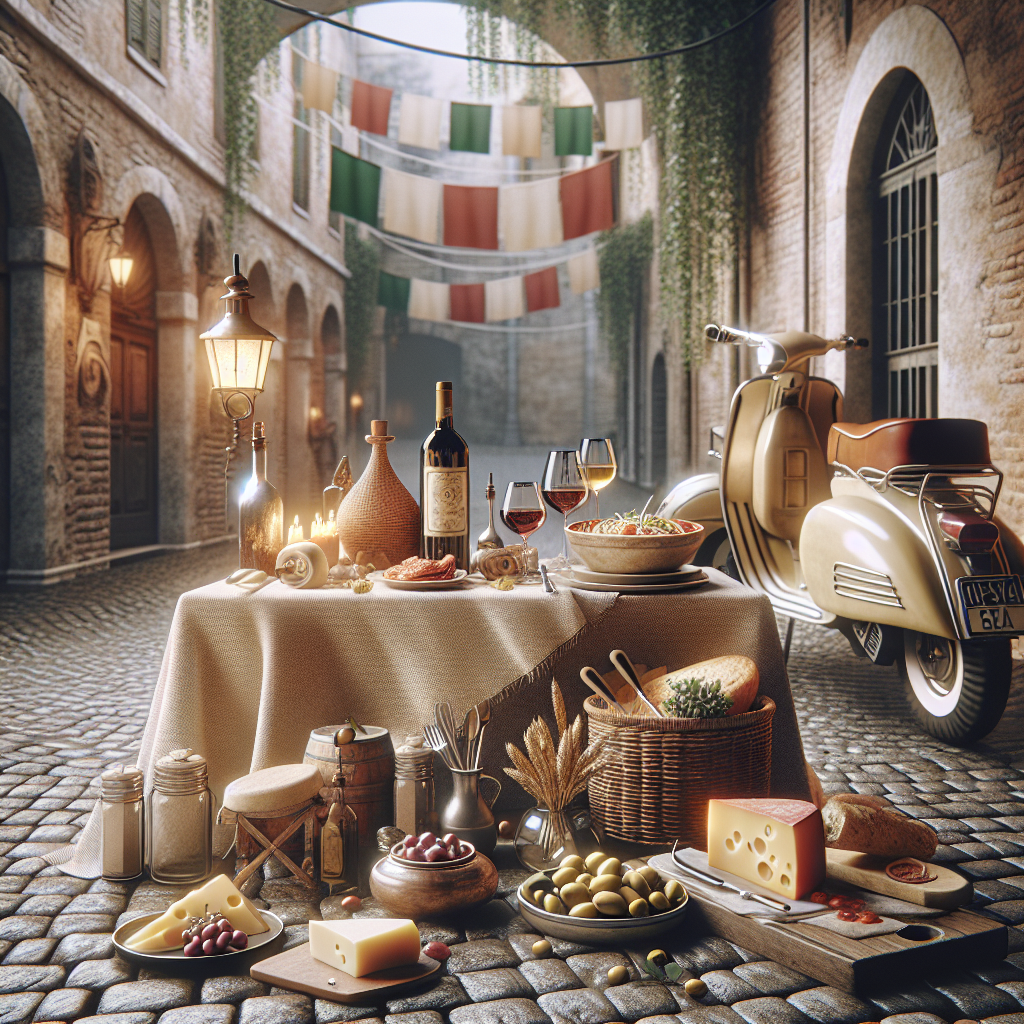 Table set with various Italian food items including cheese, wine, and olives in a cobblestone alley.