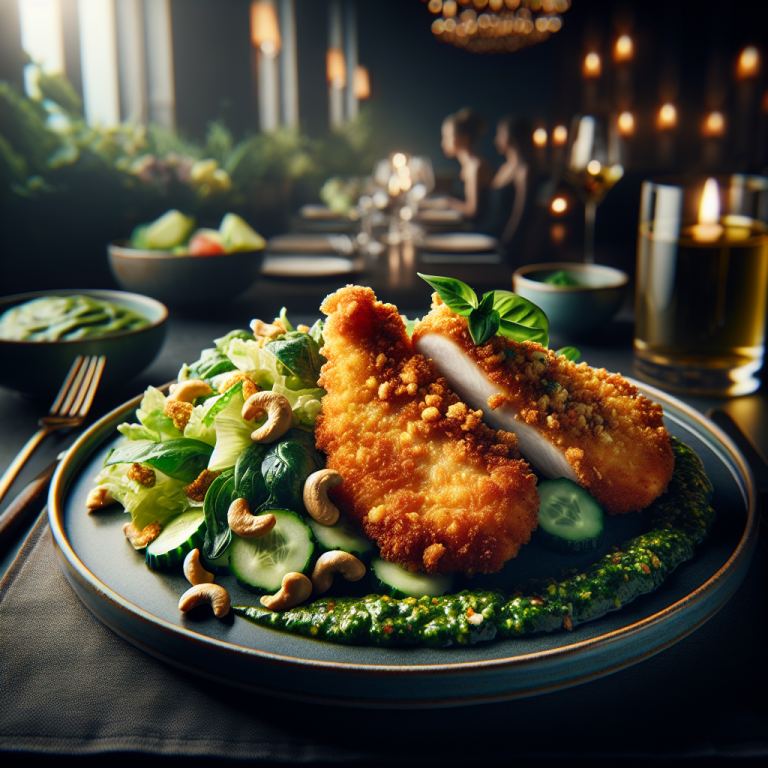 A beautifully plated air fryer chicken breast with a side of fresh salad, highlighting the crispy texture and vibrant colors.