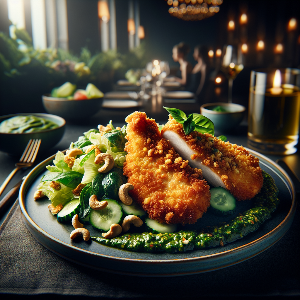 A beautifully plated air fryer chicken breast with a side of fresh salad, highlighting the crispy texture and vibrant colors.