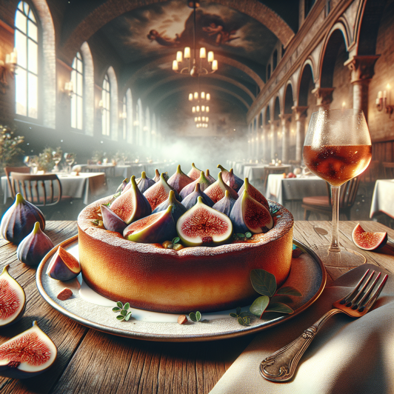 A delicious serving of clafoutis topped with fresh figs on a rustic wooden table.