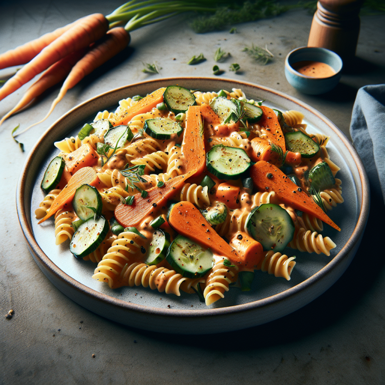 Plate of cold pasta with creamy roasted carrots and fresh cucumbers, garnished elegantly.
