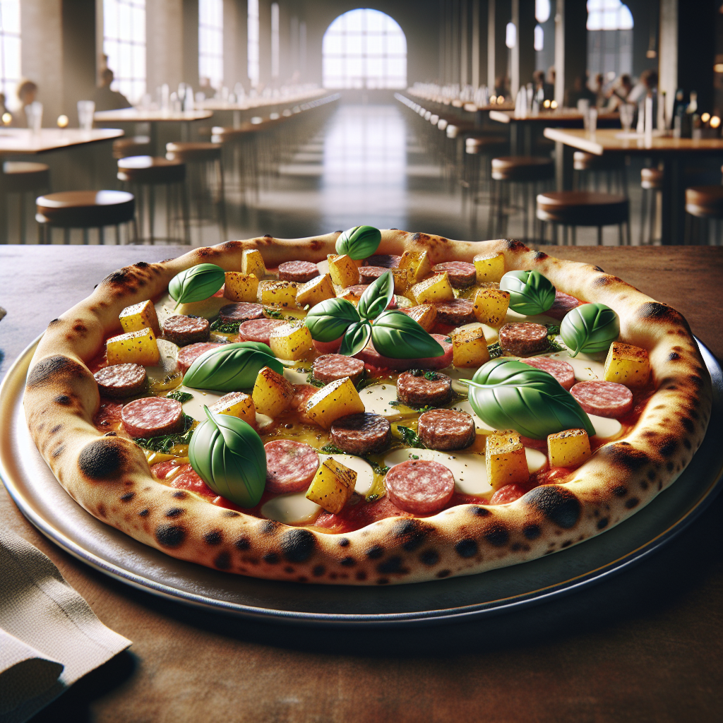 Delicious Contemporary Pizza topped with sausage and crispy potatoes, garnished with fresh basil.
