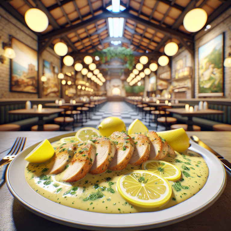 Creamy lemon chicken served on a plate with a garnish of lemon slices and fresh herbs.