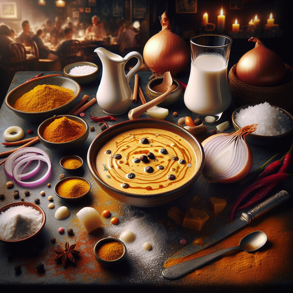 A creamy curry sauce served in a bowl, surrounded by fresh ingredients such as coconut milk and spices.