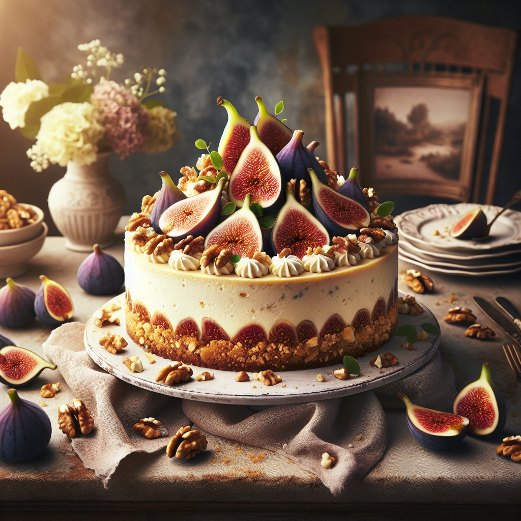 A beautifully decorated fig cheesecake topped with fresh figs and walnut crumbs.