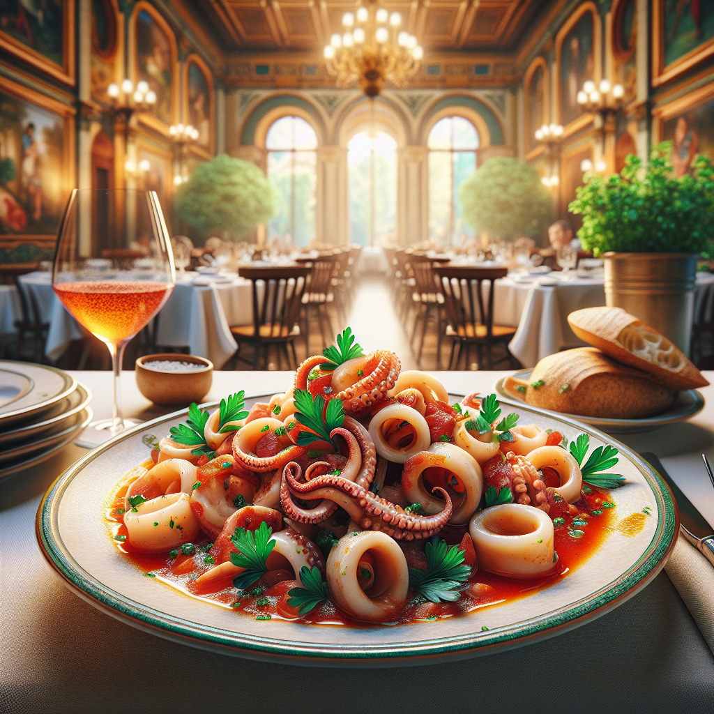 Plate of Calamari in Umido garnished with parsley, served with crusty bread.