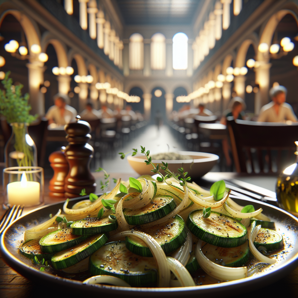 A plate of delicious pan-fried zucchini with onion, garnished with fresh herbs.