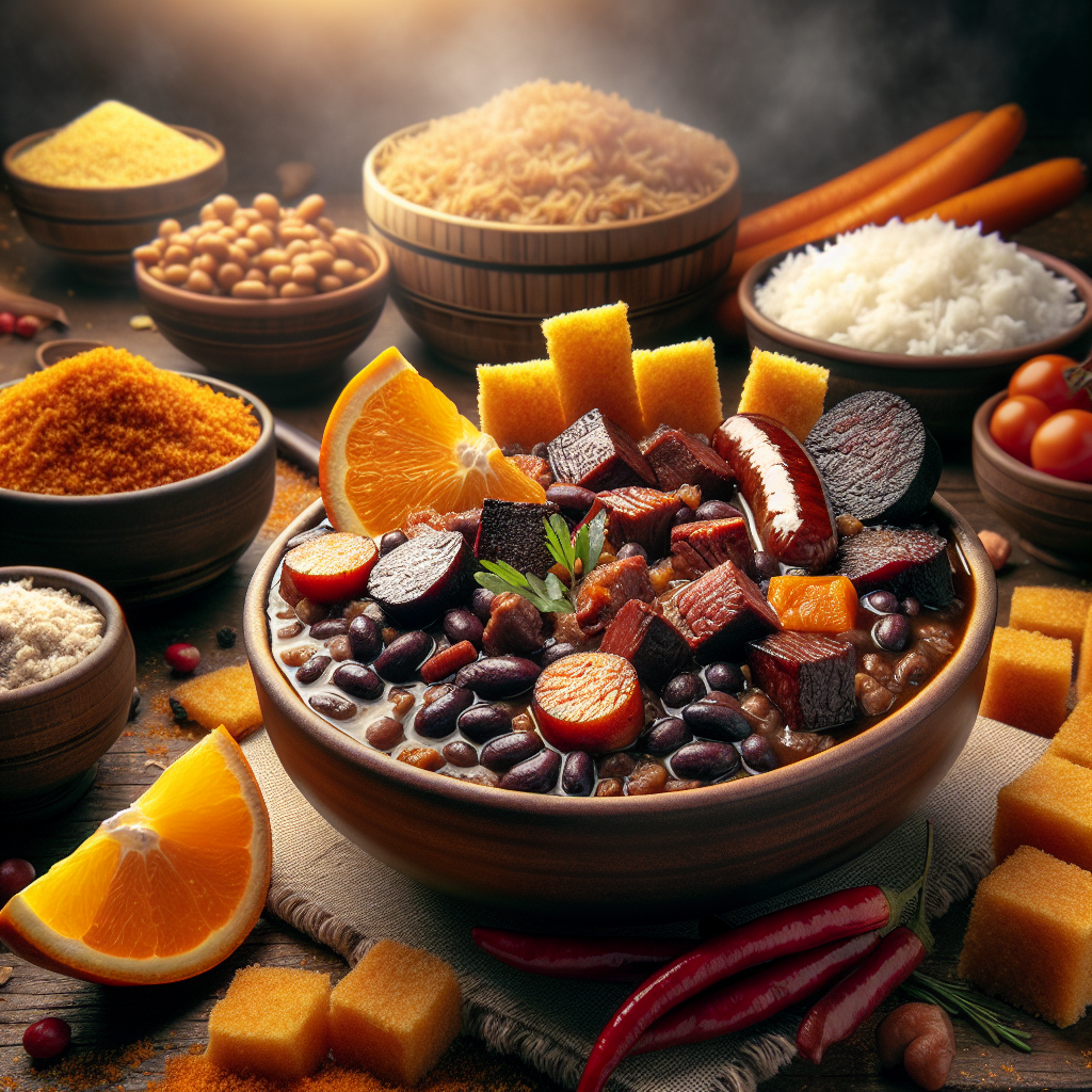 A bowl of rich Feijoada stew served with rice and orange slices.