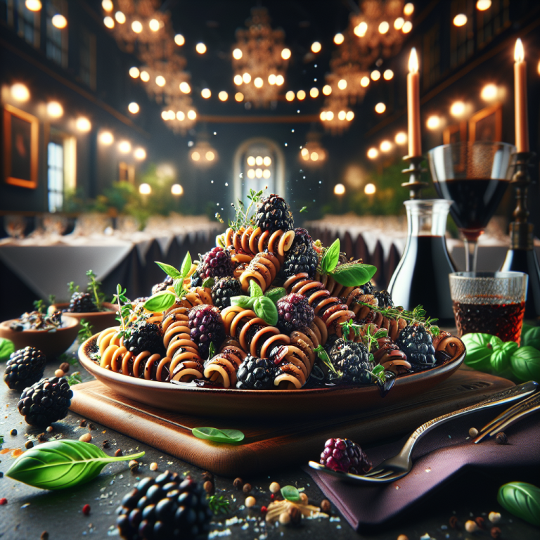 Delicious plate of Fusilli with Blackberries served with vibrant herbs and a rich sauce.