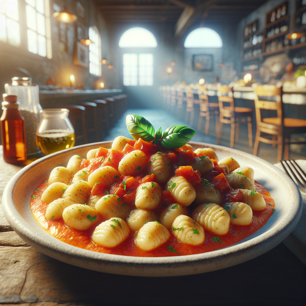 A plate of gluten-free gnocchi served with a rich tomato sauce and fresh basil.