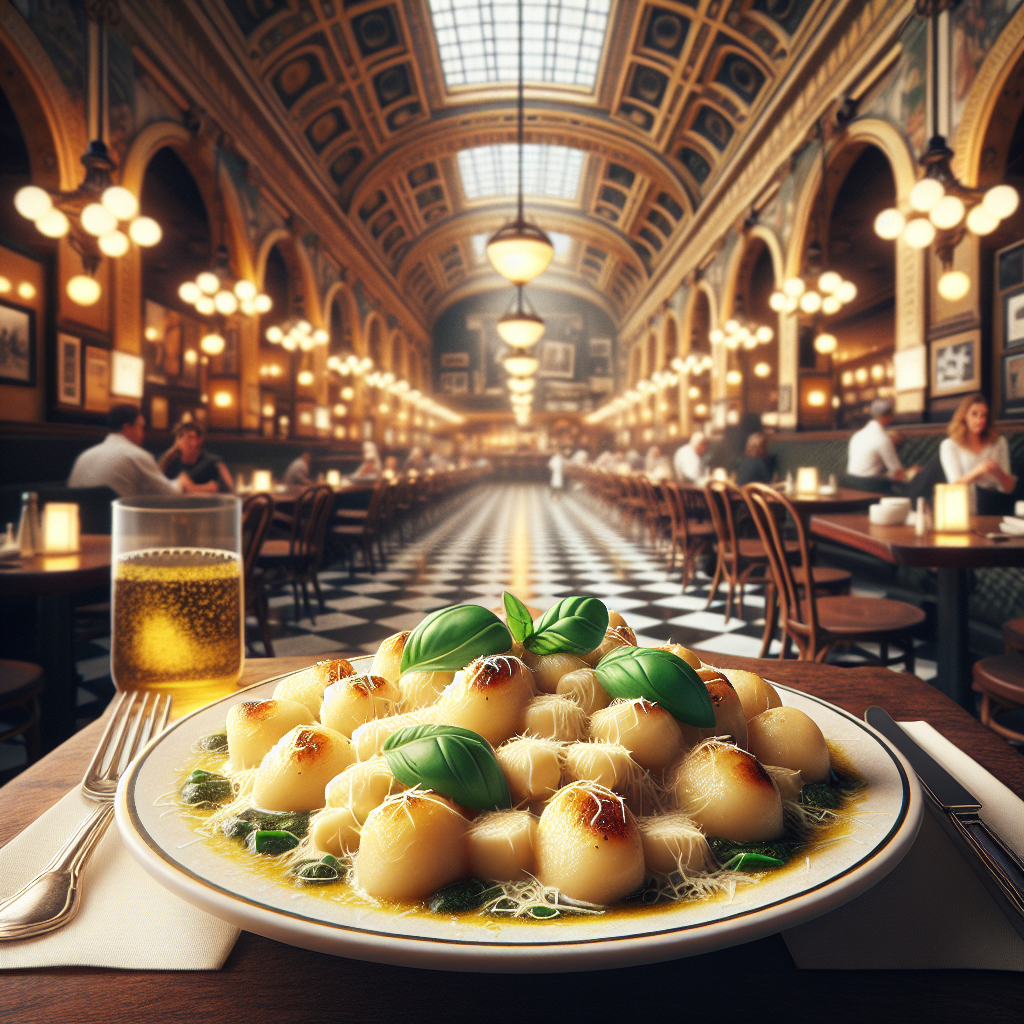 Plate of gluten-free gnocchi sorrentina topped with melted mozzarella cheese and fresh basil.