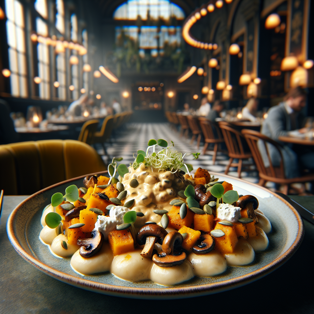 A plate of Gnocchetti with Pumpkin Cream, Mushrooms, and Ricotta, garnished with toasted pumpkin seeds and fresh sprouts.