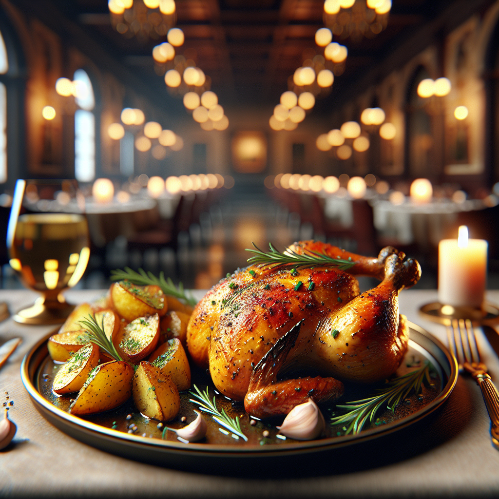 A beautifully roasted marinated chicken served with golden baked potatoes garnished with rosemary and garlic.