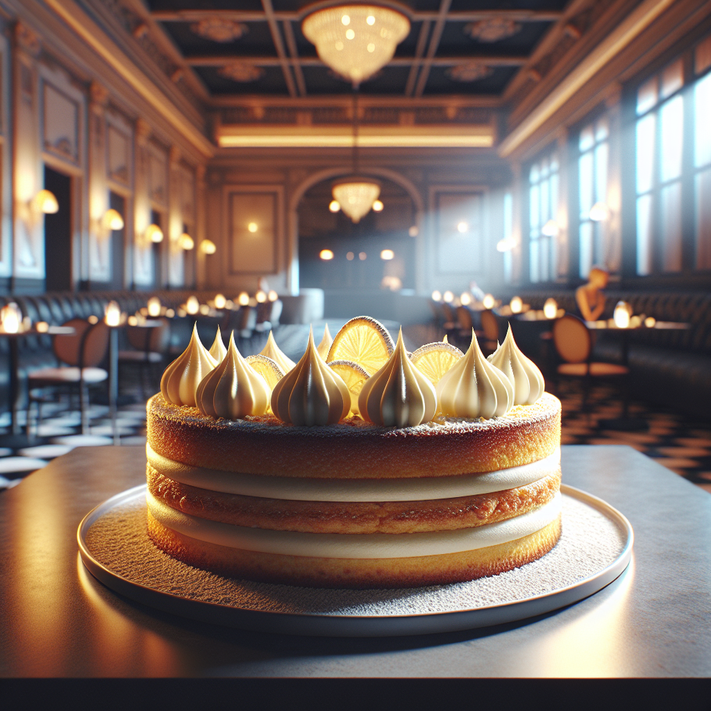 A beautifully presented Modern Grandma Cake with cream topping and a lemon-scented crust.