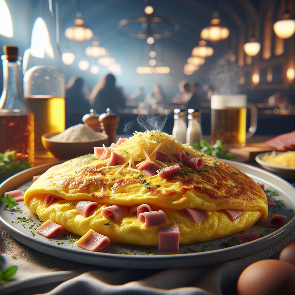 Plate of Omelette with Ham and Cheese, garnished with herbs.