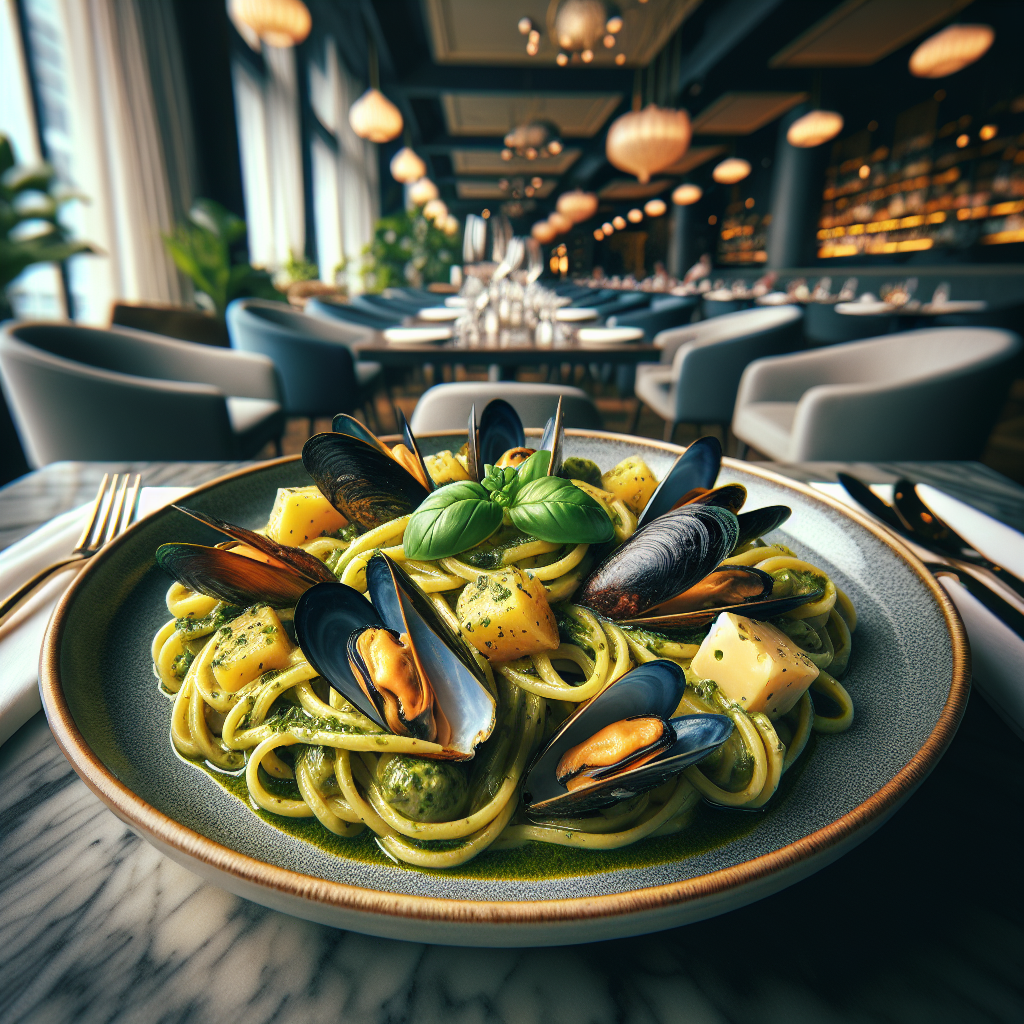 A delicious plate of Pasta al Pesto with Mussels and Potatoes, showcasing vibrant colors and textures.