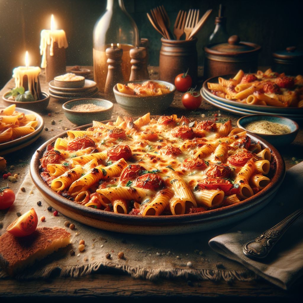 A delicious plate of Pasta alla Pizzaiola topped with melted cheese and fresh herbs.