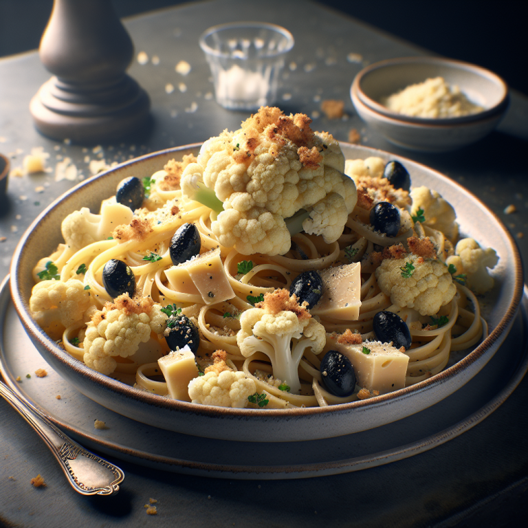 Pasta with Cauliflower and Taleggio topped with crispy breadcrumbs in a bowl.
