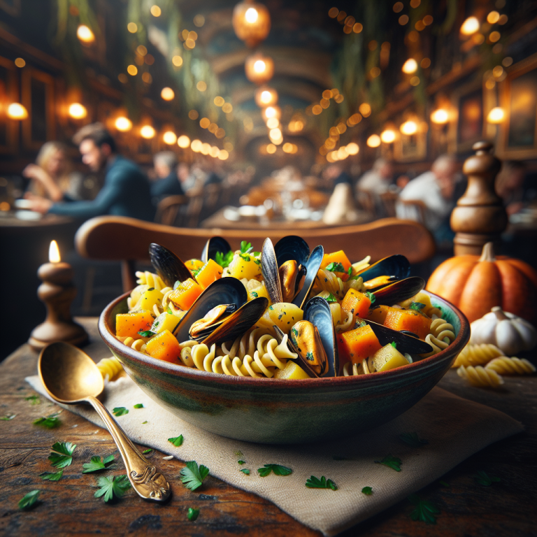 Creamy Pasta with Pumpkin, Potatoes, and Mussels served in a rustic bowl.