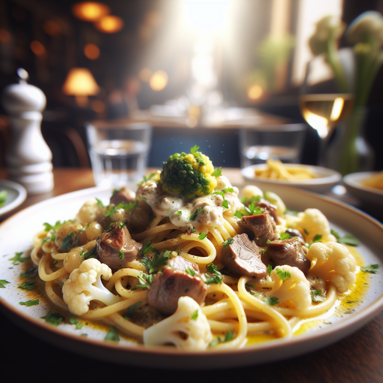 A delicious plate of pasta with rabbit and cauliflower ragu, representing a unique Italian dish.