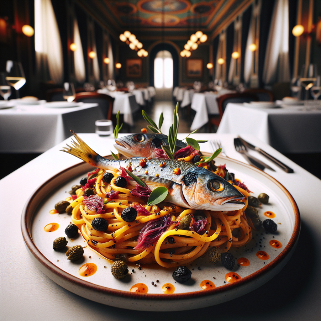 A plate of Pasta with Red Mullet, Capers, and Black Garlic garnished elegantly.
