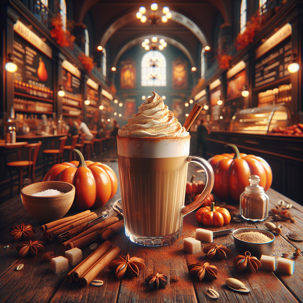 Pumpkin spice latte served with whipped cream and spices.