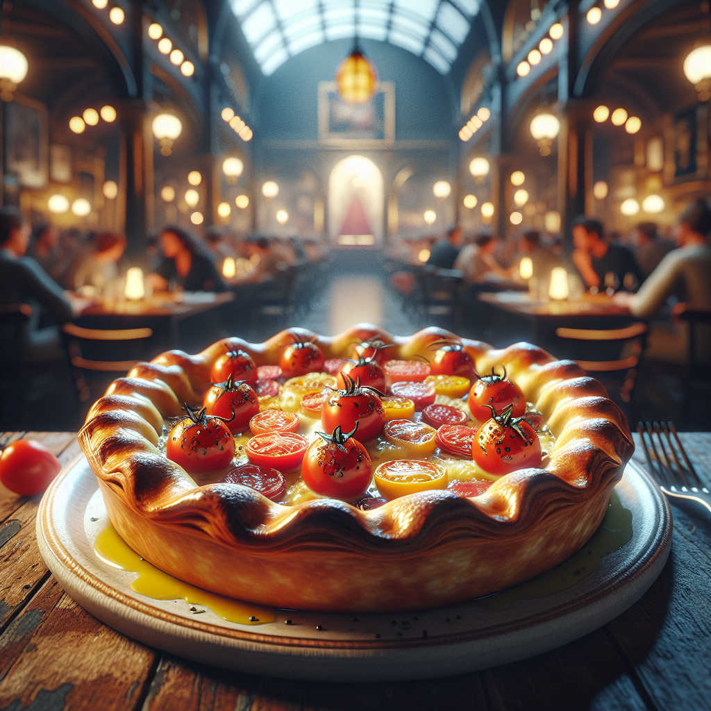 Savory pie with cherry tomatoes and smoked cheese served on a rustic wooden table.