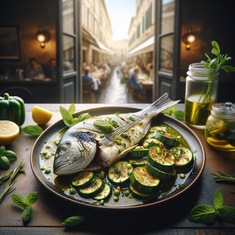 Plate of steamed branzino served with marinated zucchini, garnished with fresh herbs.