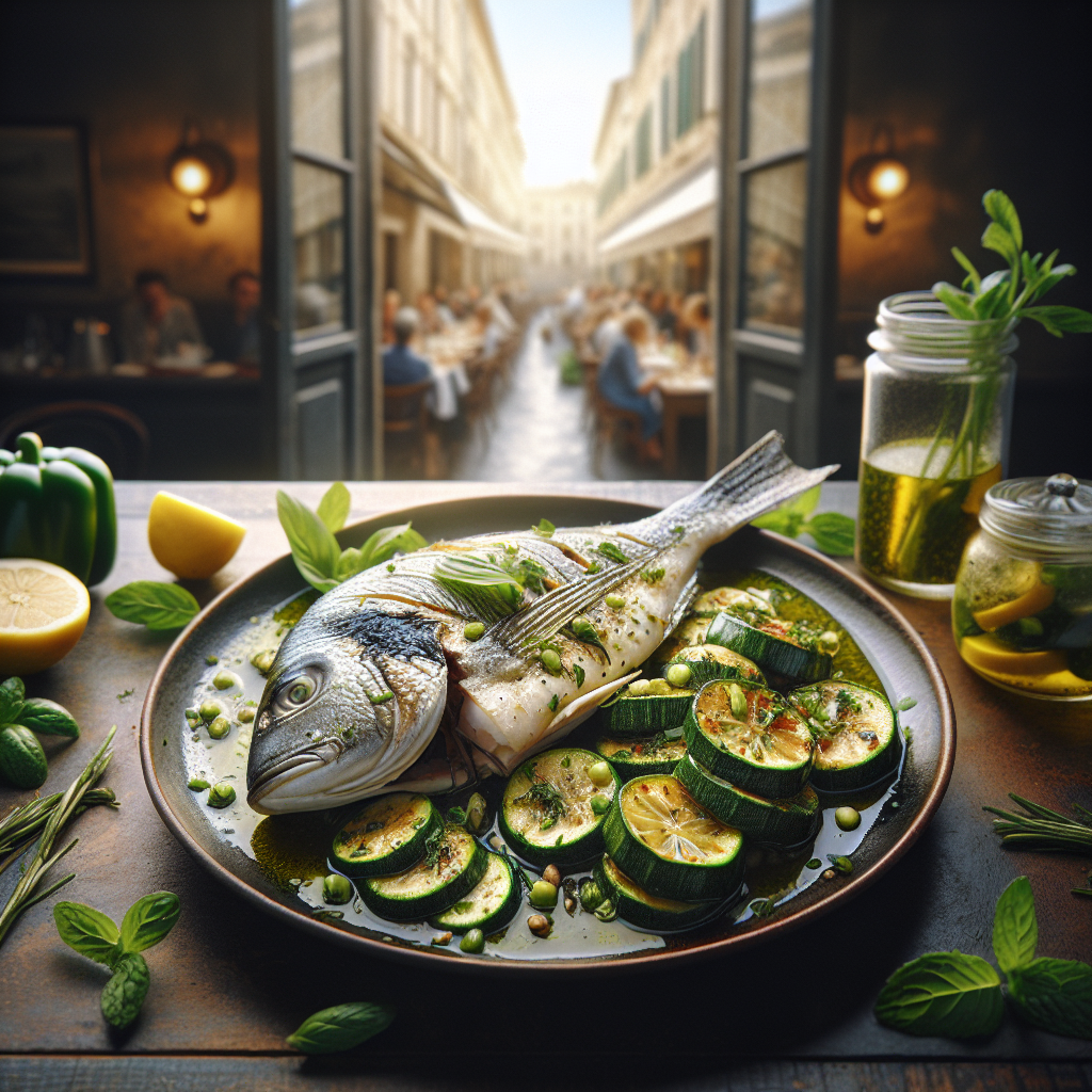 Plate of steamed branzino served with marinated zucchini, garnished with fresh herbs.