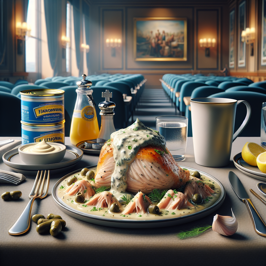 A delicious plate of steamed chicken topped with creamy tonnato sauce, garnished with fresh herbs.