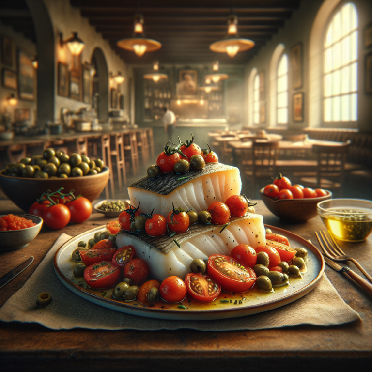 A plate of steamed cod fillet with tomatoes and cucunci, garnished attractively on a kitchen table.