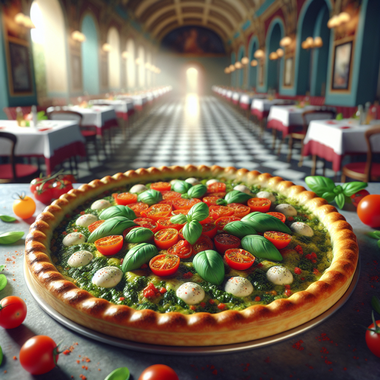 A freshly baked summer savory pie with vibrant colors, showcasing the ingredients of basil pesto, tomatoes, and stracciatella cheese.