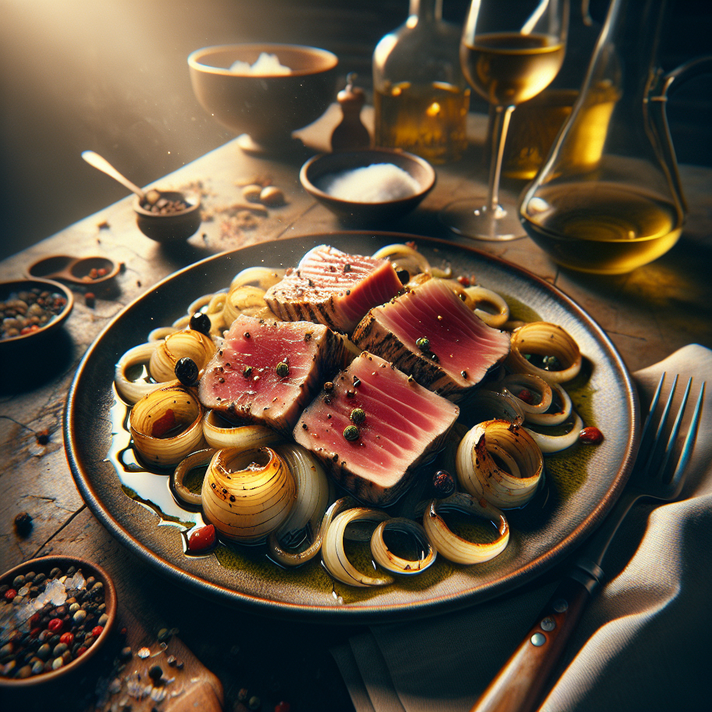 A delicious serving of Tuna Genovese, showcasing fresh tuna and caramelized onions.