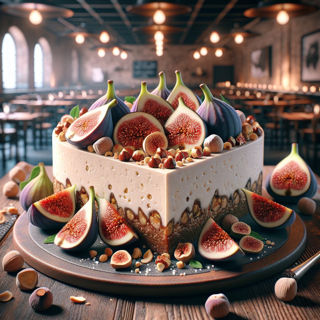 A slice of vegan fig cheesecake topped with fresh figs and hazelnuts on a wooden table.