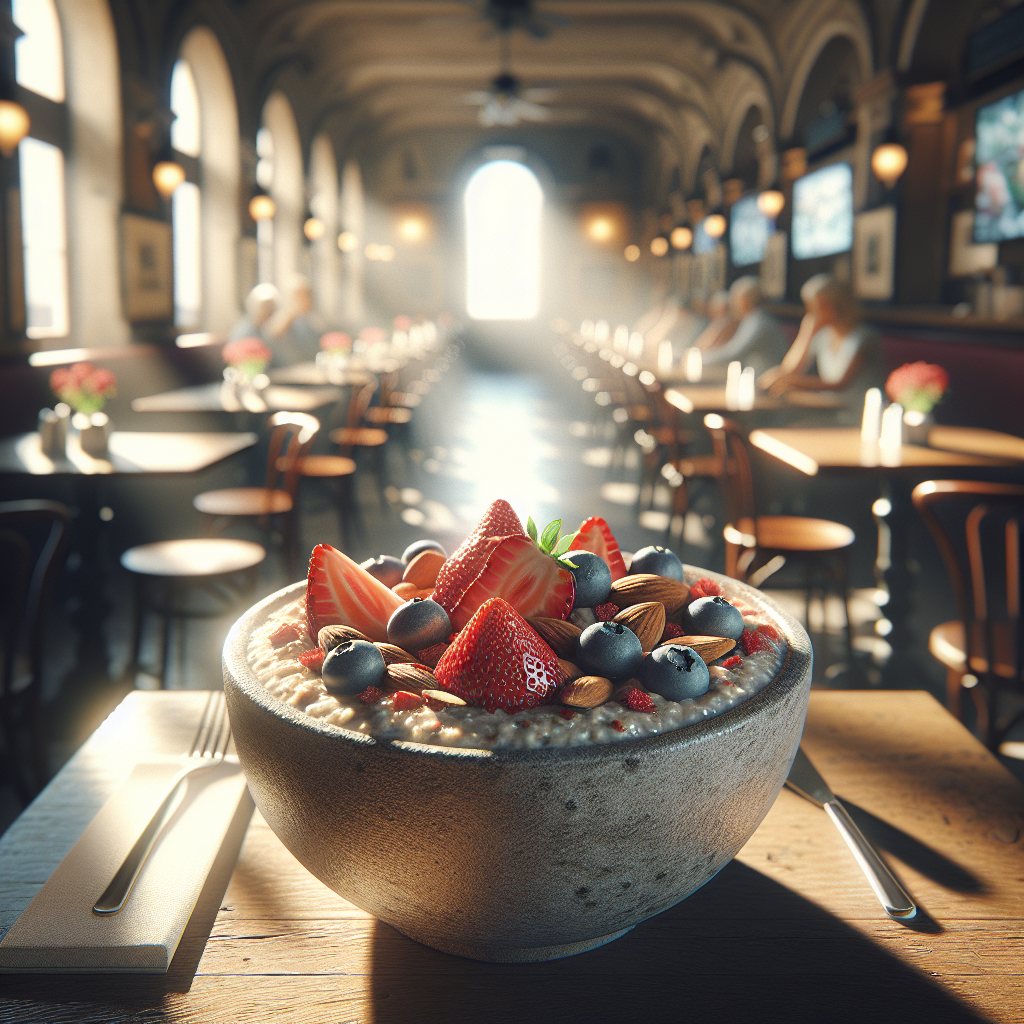 A bowl of delicious vegan porridge topped with fresh strawberries, blueberries, and almonds.