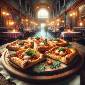 Delicious air-fried puff pastry pizzette served on a wooden platter.