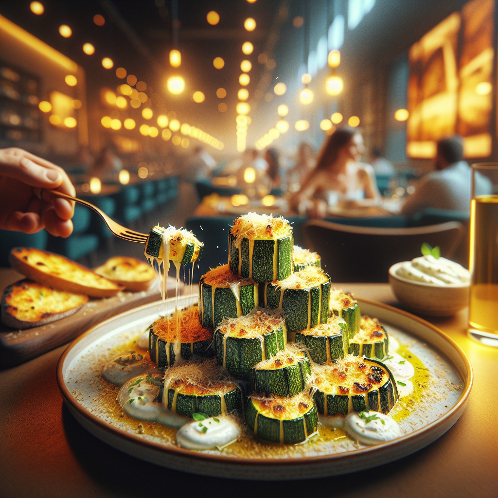 Baked zucchini topped with golden breadcrumbs and melted Parmesan, served on a plate.