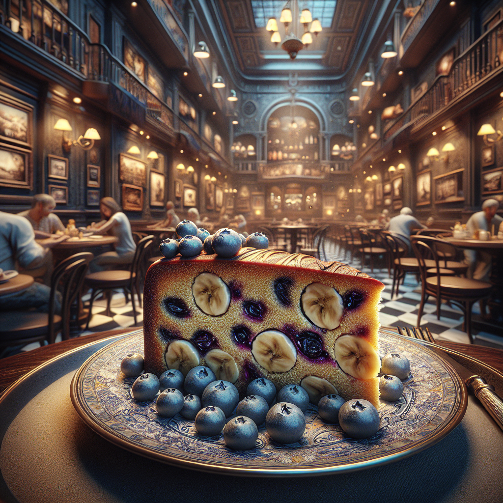 Delicious slice of banana and blueberry plumcake served on a plate.