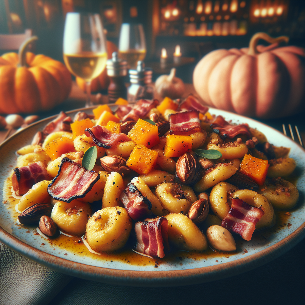A plate of homemade chestnut gnocchi served with pumpkin and speck, showcasing autumn flavors.