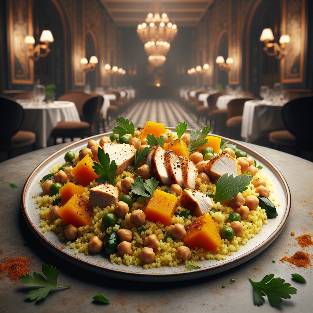 A colorful plate of couscous with chickpeas, chicken, and pumpkin garnished with fresh herbs.