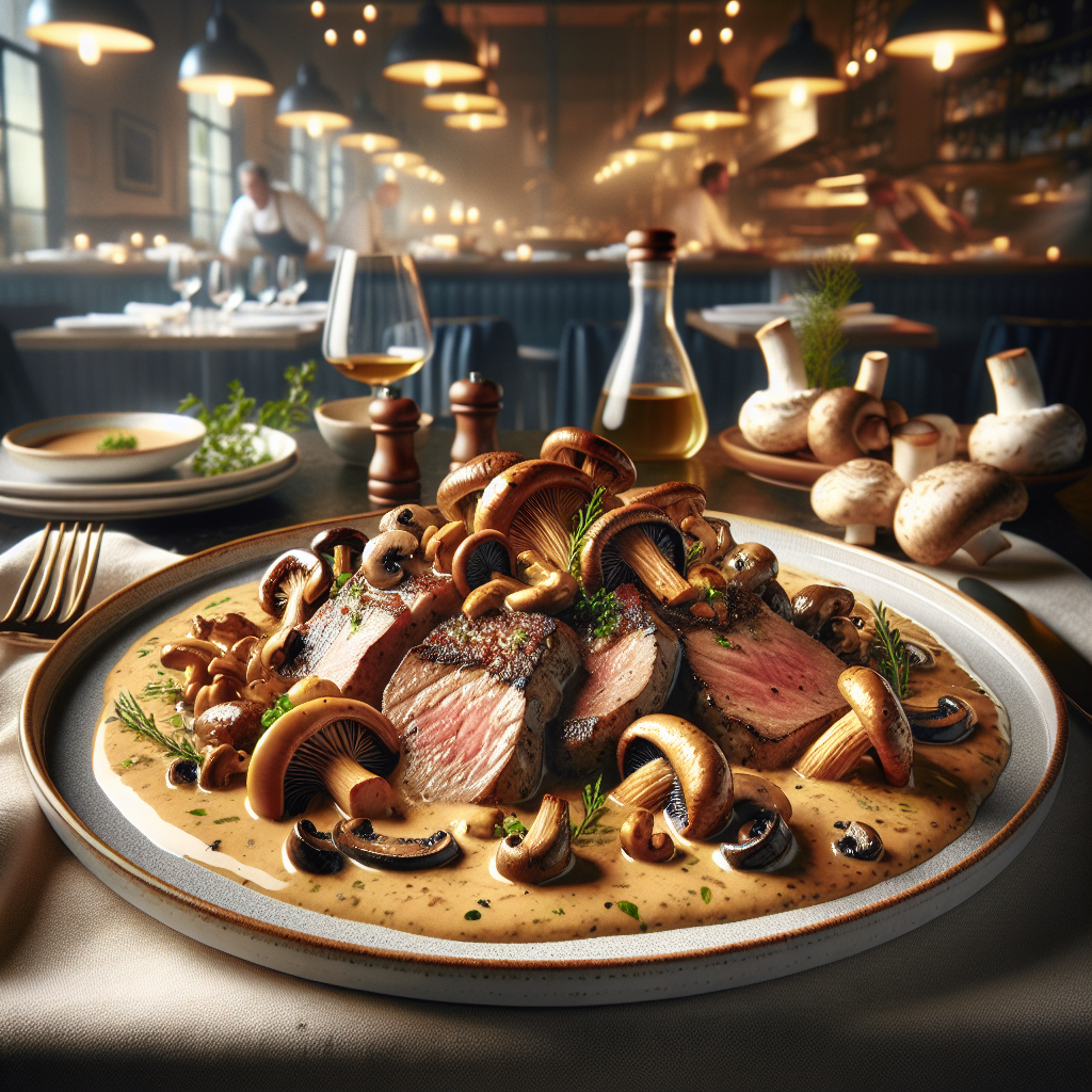 Creamy mushroom scaloppine served on a plate, showcasing tender veal and fresh herbs.