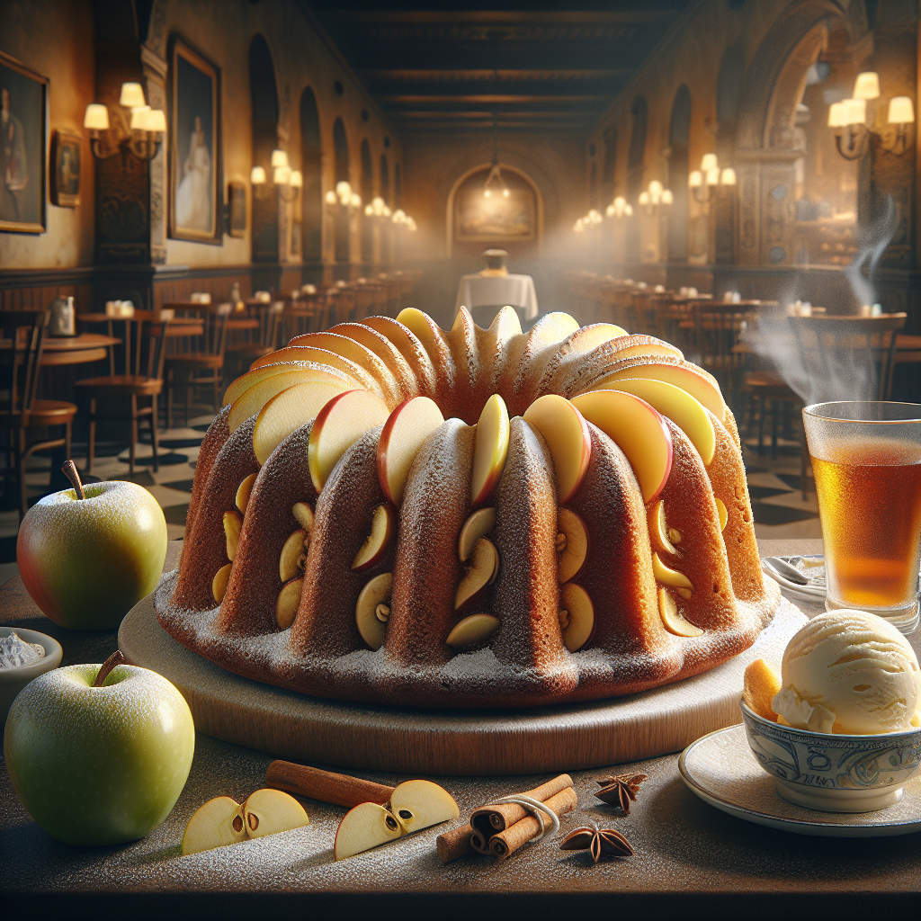 A slice of homemade apple bundt cake served with a cup of tea.