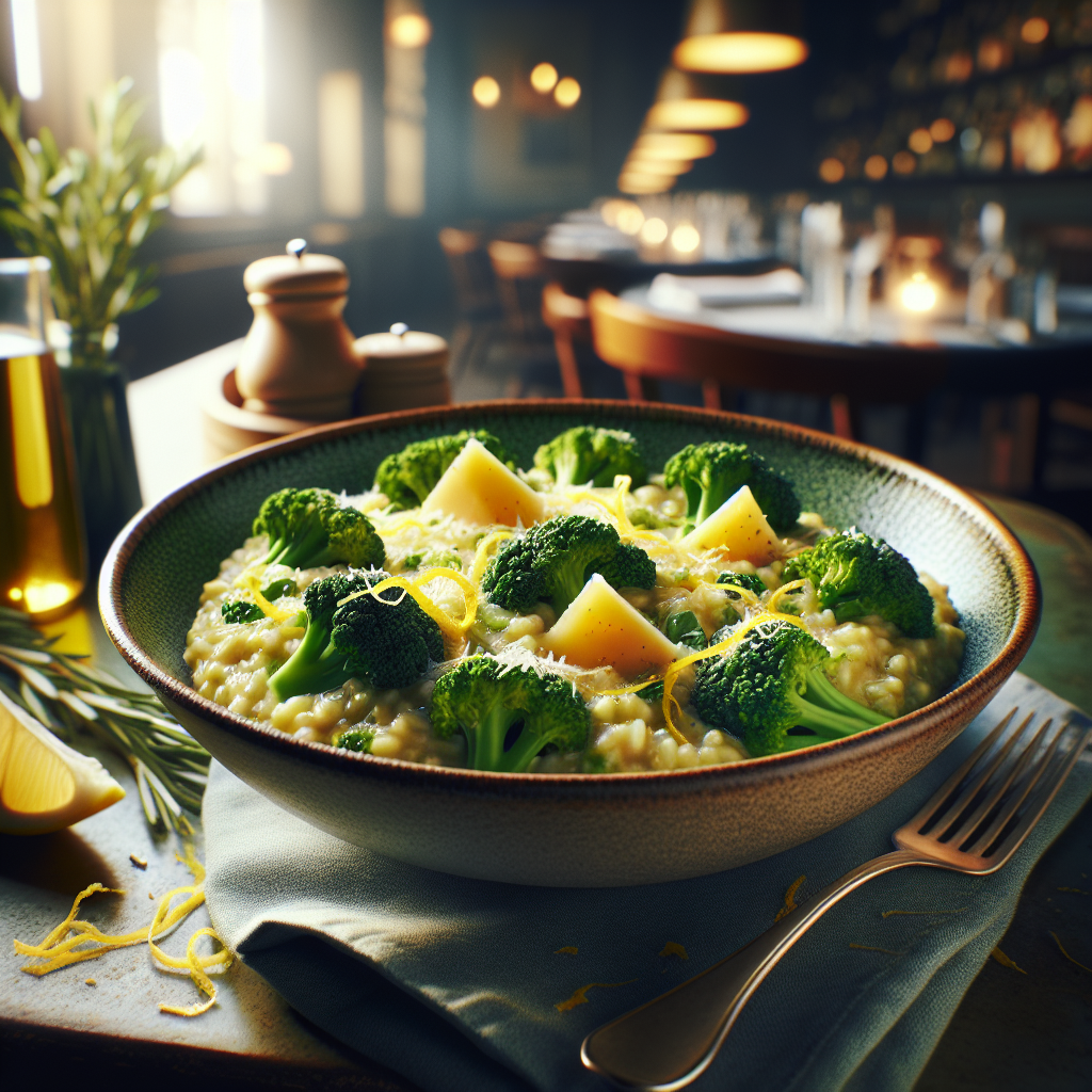 Creamy risotto with broccoli and pecorino cheese served in a bowl, garnished with lemon zest.