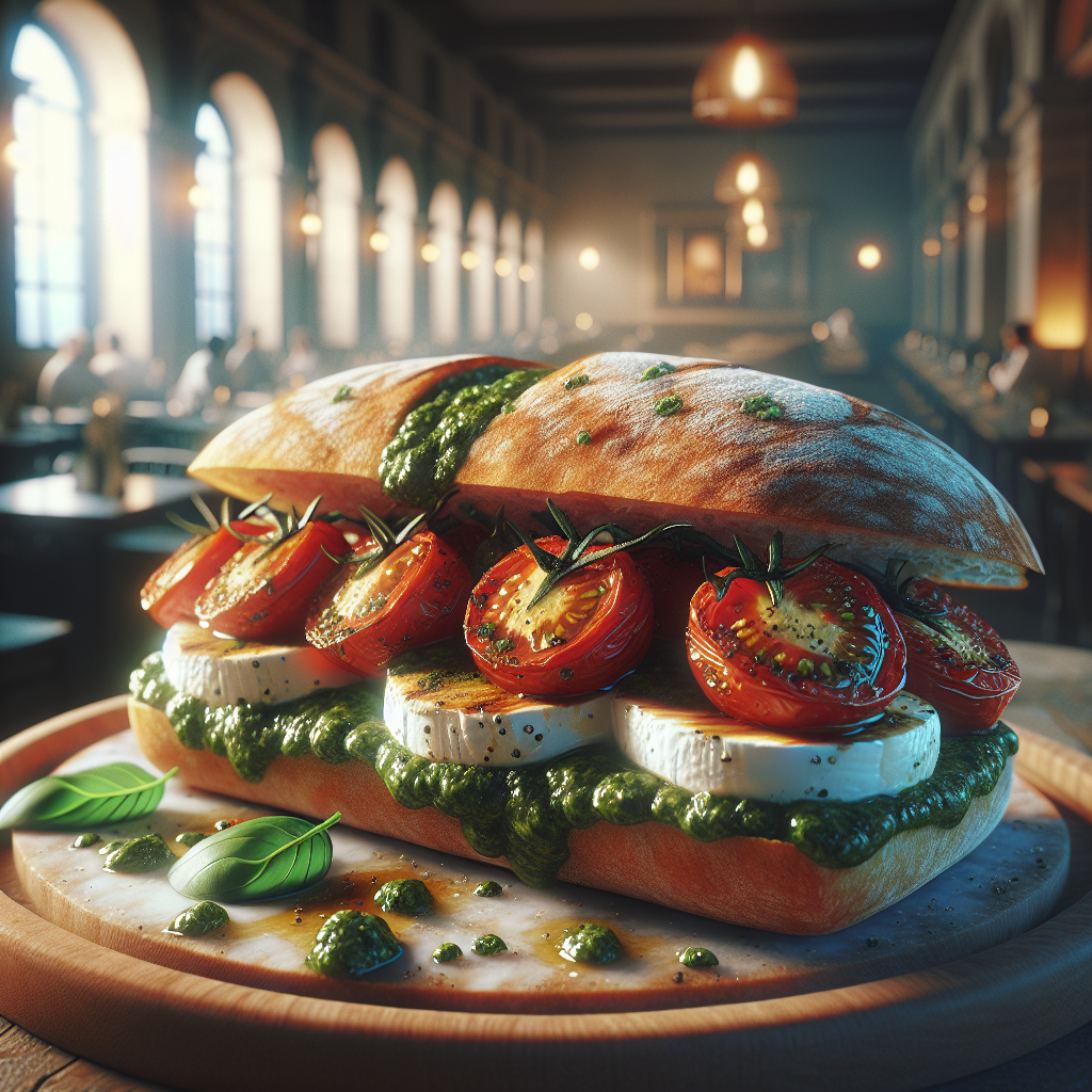 A beautifully arranged Panino Caprese filled with roasted cherry tomatoes, fresh burrata, and aromatic pesto.